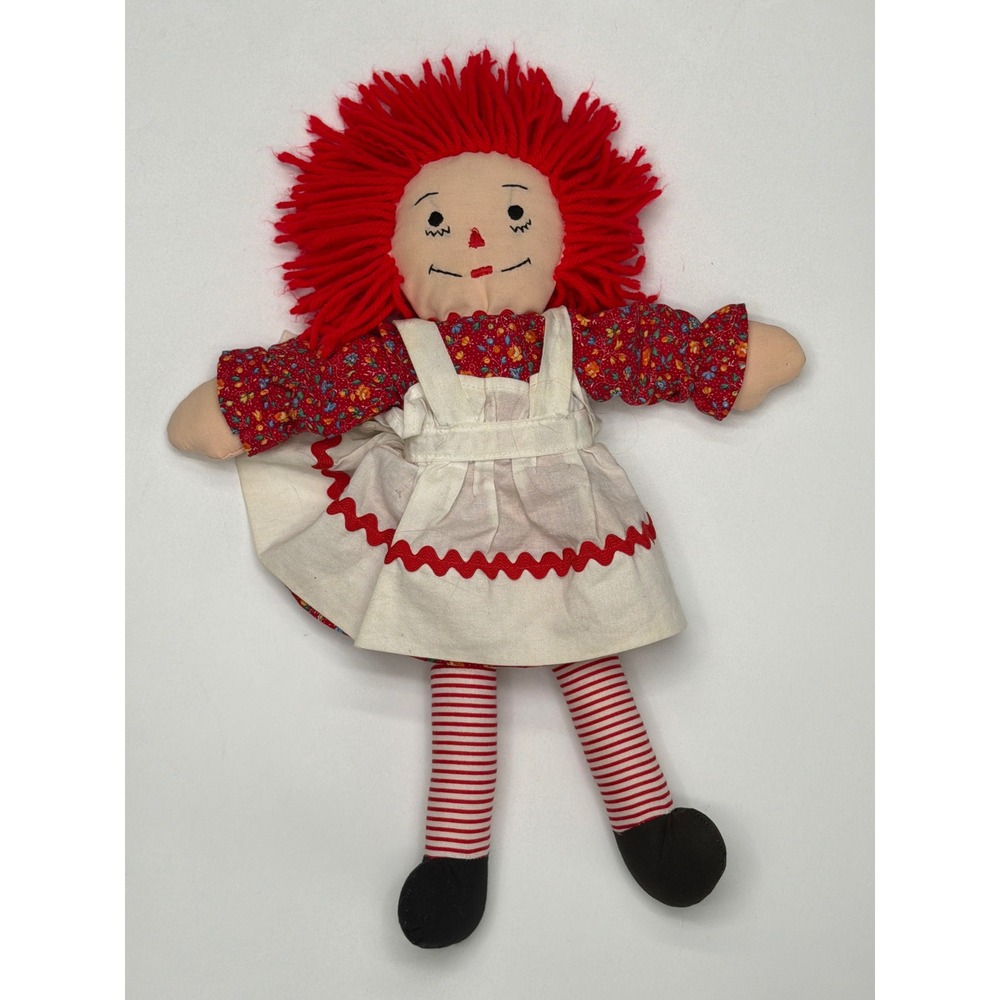 Raggedy Ann Doll Red Yarn Hair Floral Dress White Pinafore Striped Stockings